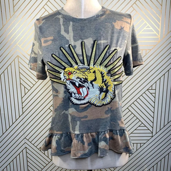 Melissa Masse Camo Tiger Applique Ruffle-Hem Tee - Picture 1 of 10